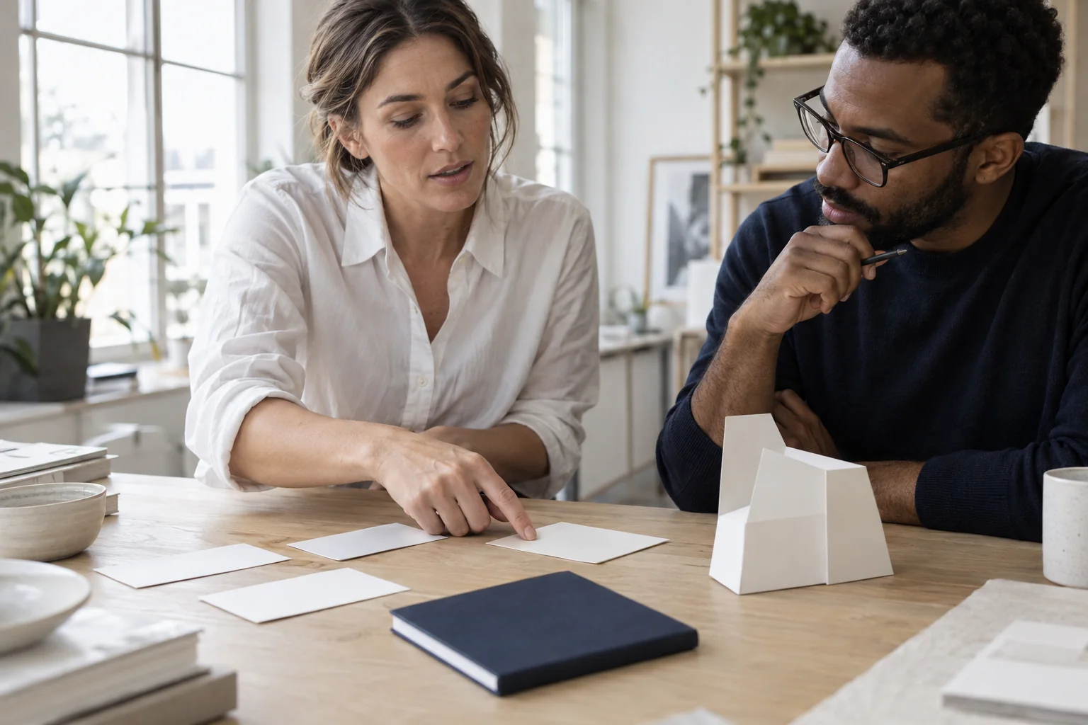 A business discussion using simple concept cards and a paper prototype