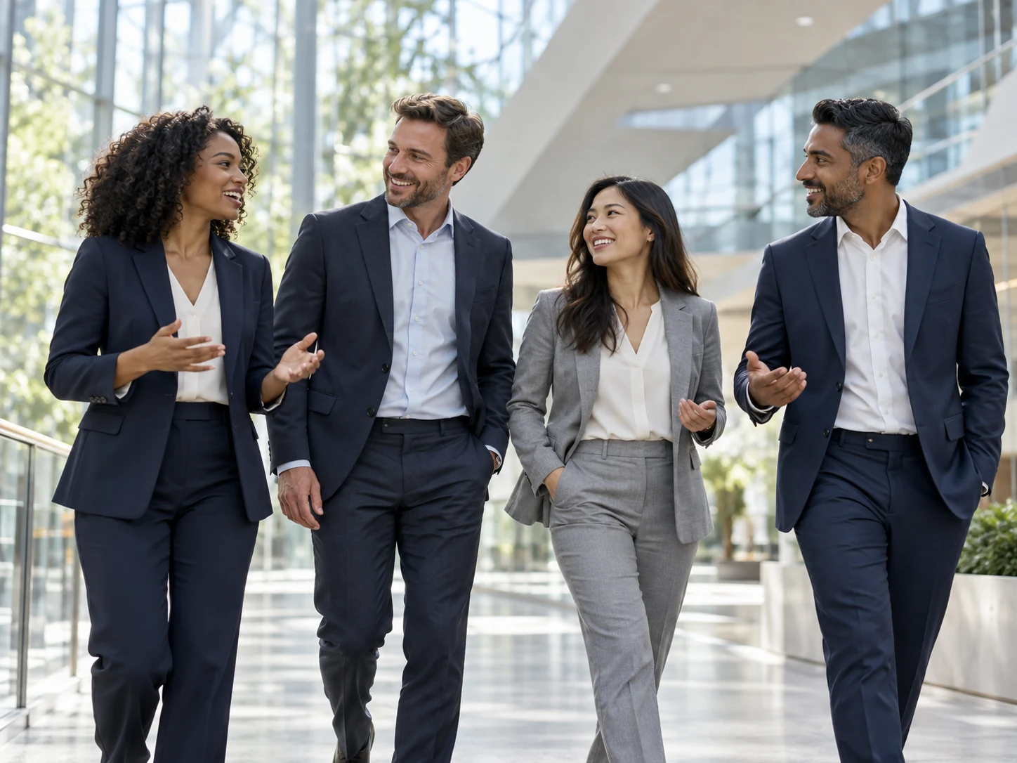 Professionals walking together in conversation through a bright atrium