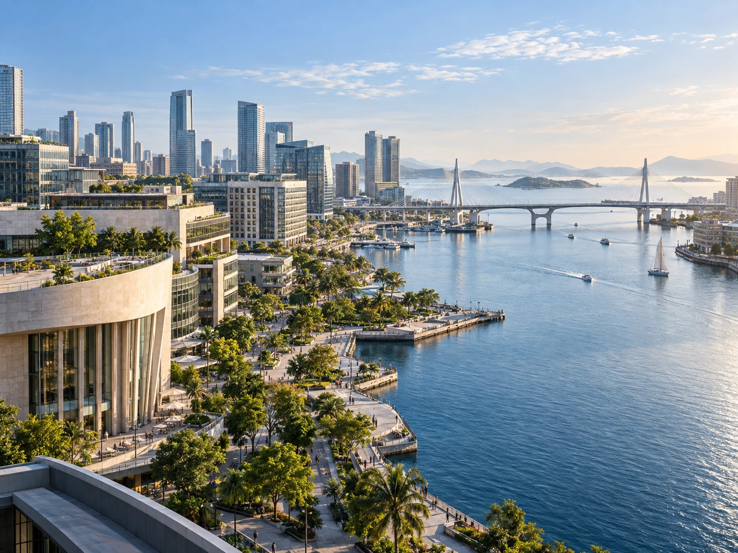 A modern waterfront city and a bridge leading toward an open horizon