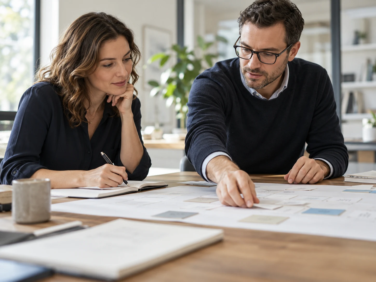 Colleagues coordinating work with notes and planning cards on a table