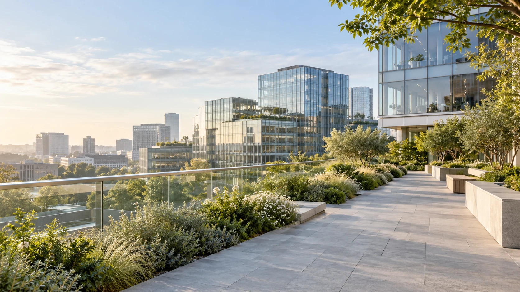 Modern architecture surrounded by a green urban landscape