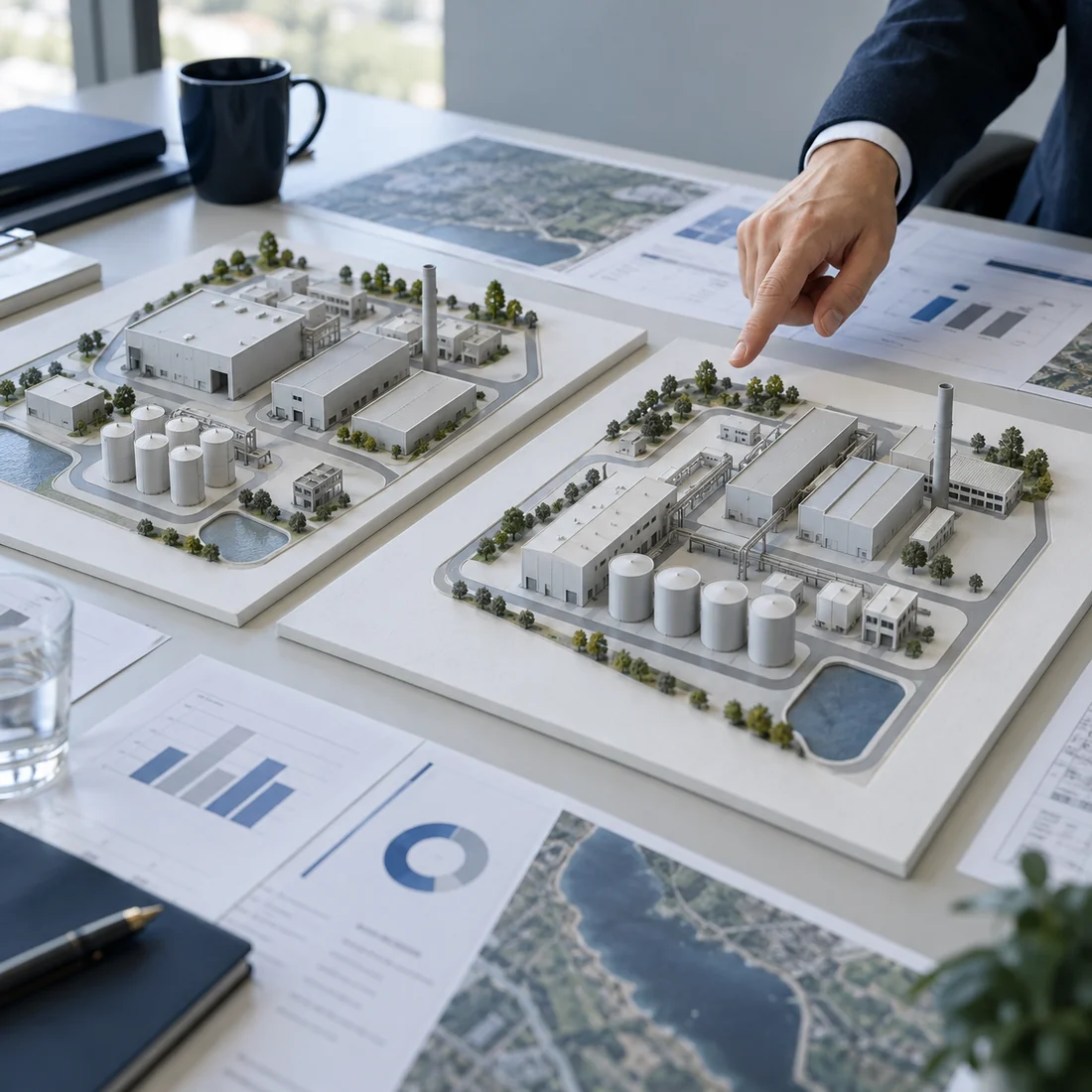 Illustrative comparison of two industrial-site layout models with planning worksheets.
