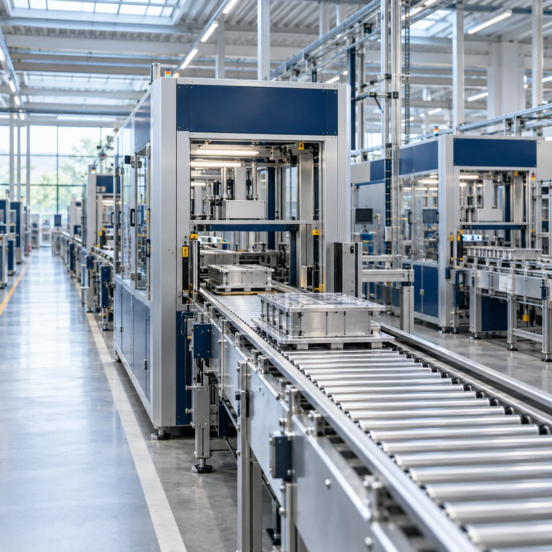 Modular production equipment and a roller conveyor in a clean manufacturing hall.