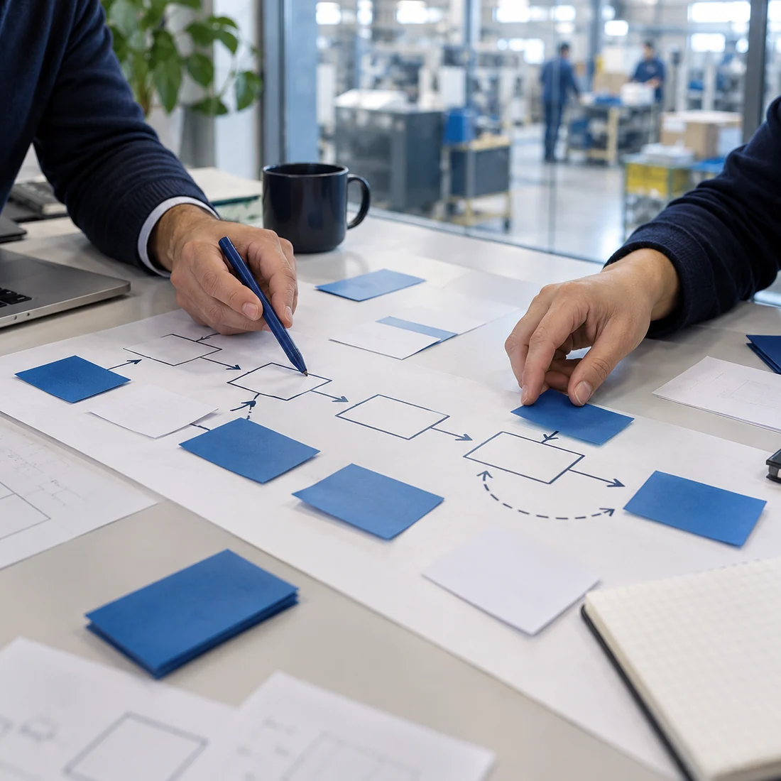 Hands reviewing a simple process-flow sketch and workflow cards beside a production workspace.