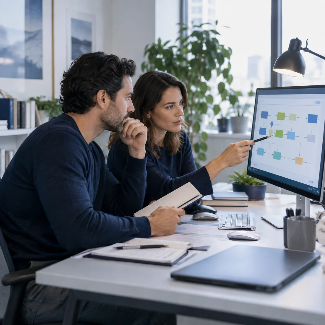 Illustrative professionals reviewing a service-request workflow on a desktop screen.
