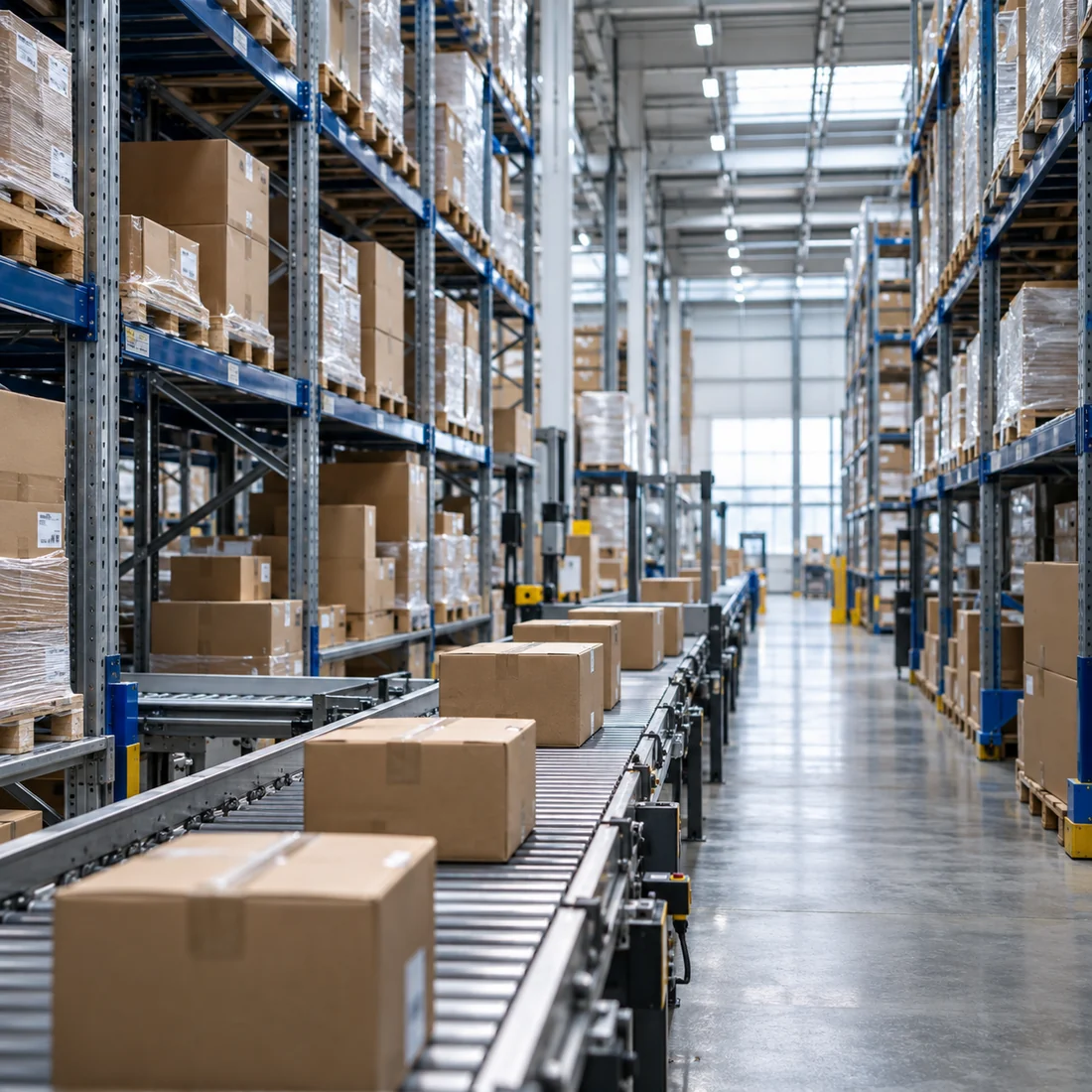 Illustrative warehouse racks and cartons moving along a roller conveyor.