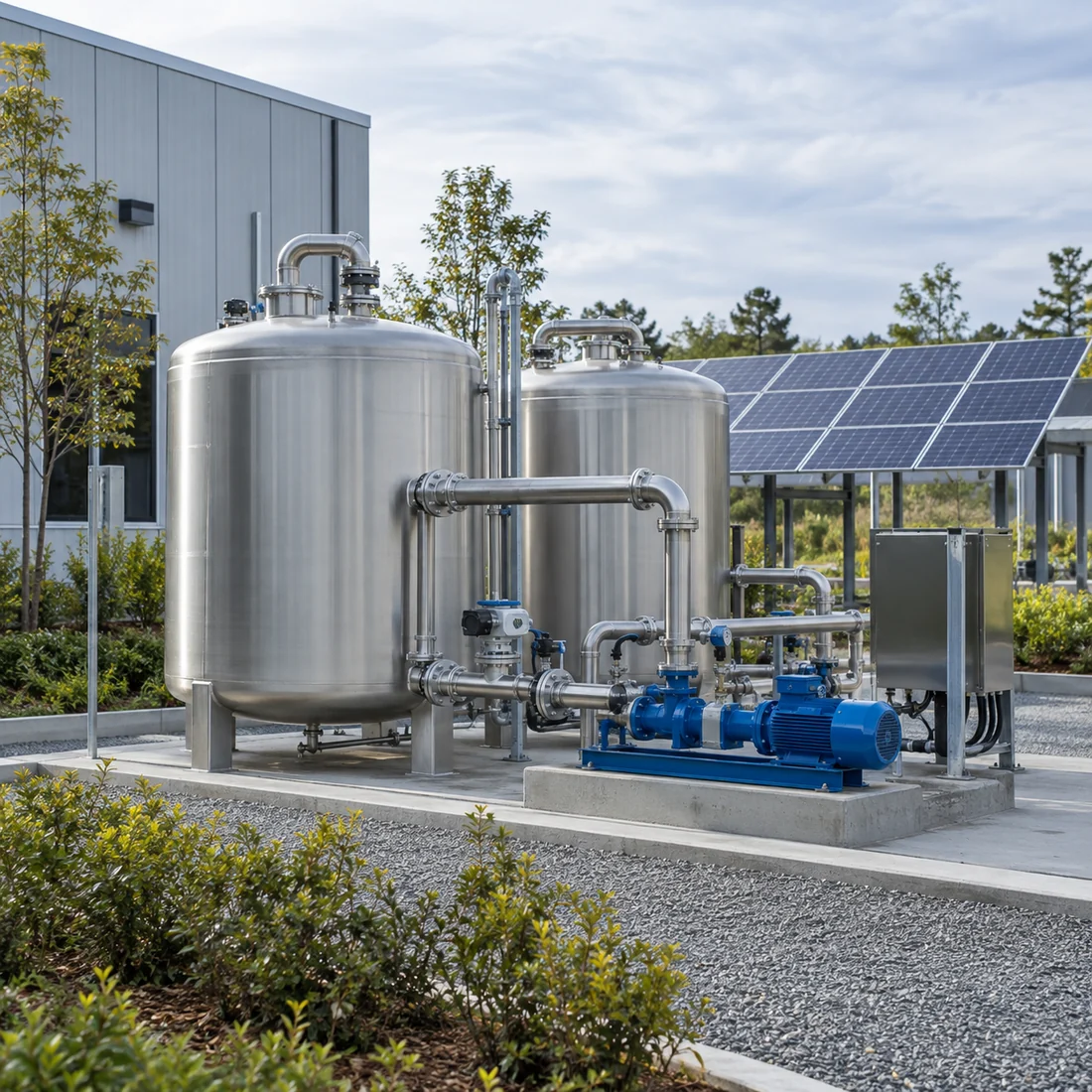 Illustrative water recirculation tanks, a utility pump and nearby solar panels.