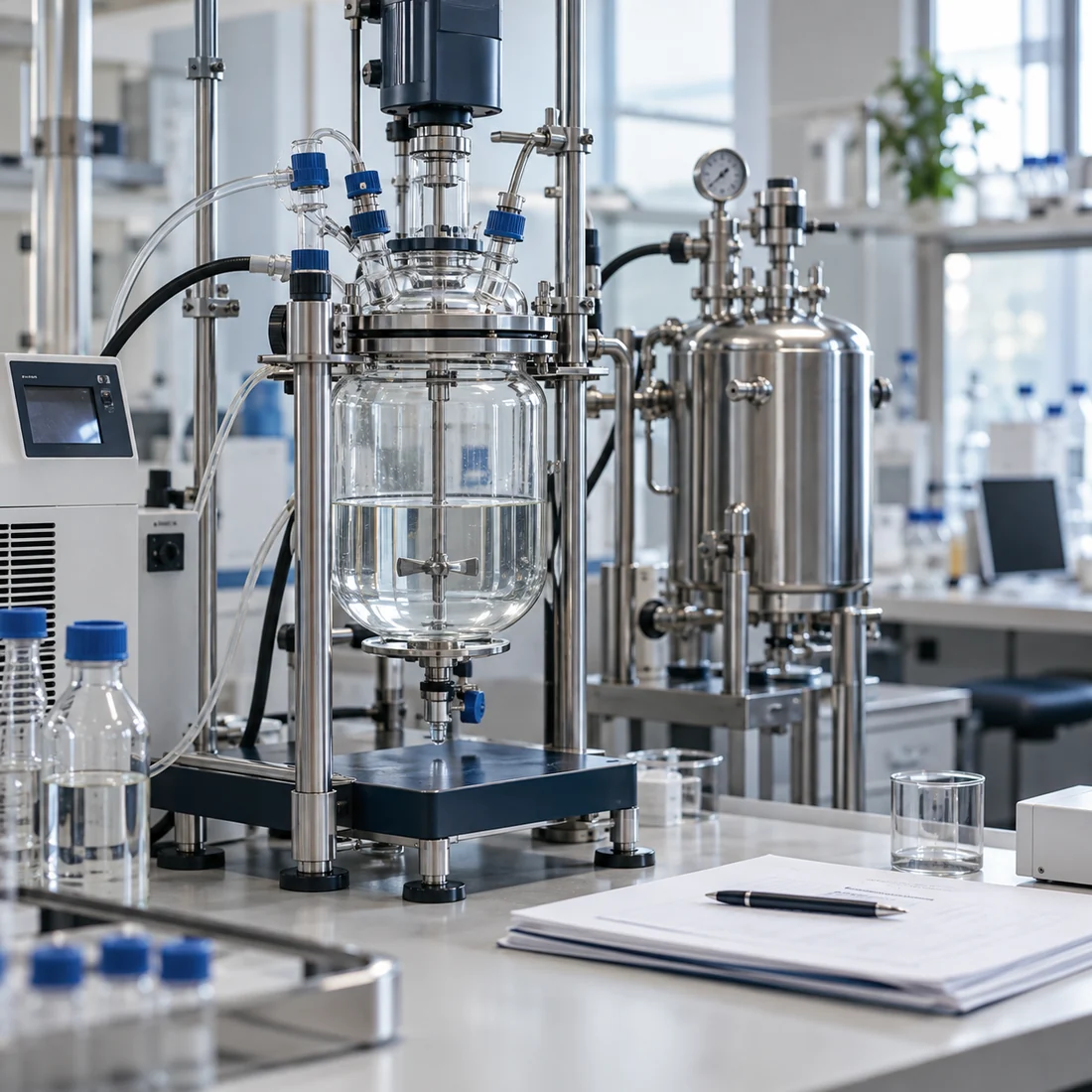 Bench-scale glass reactor and compact stainless equipment in a process-development laboratory.