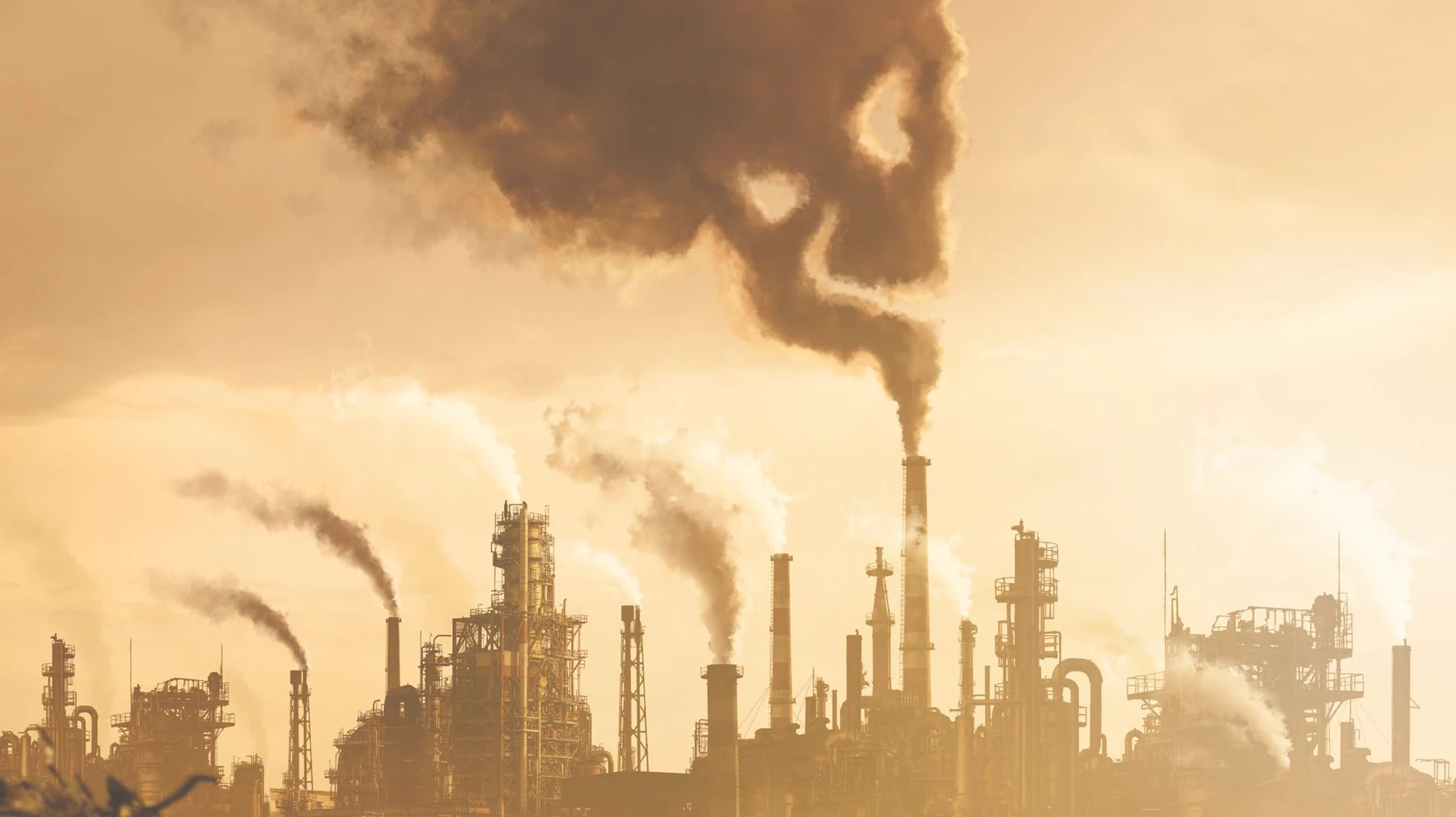 Industrial equipment and stacks in warm evening light.