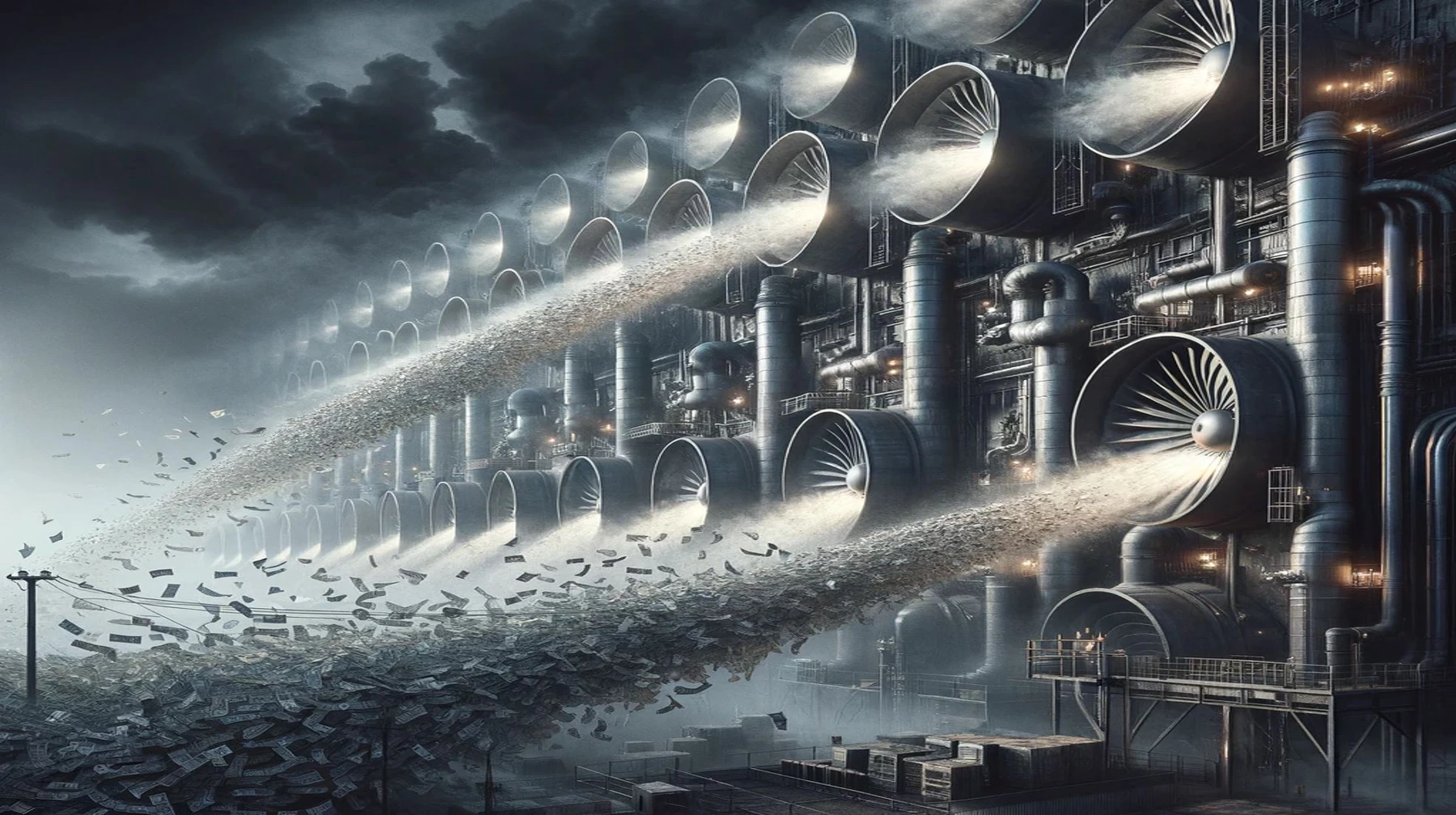 A conceptual row of industrial air-capture fans.