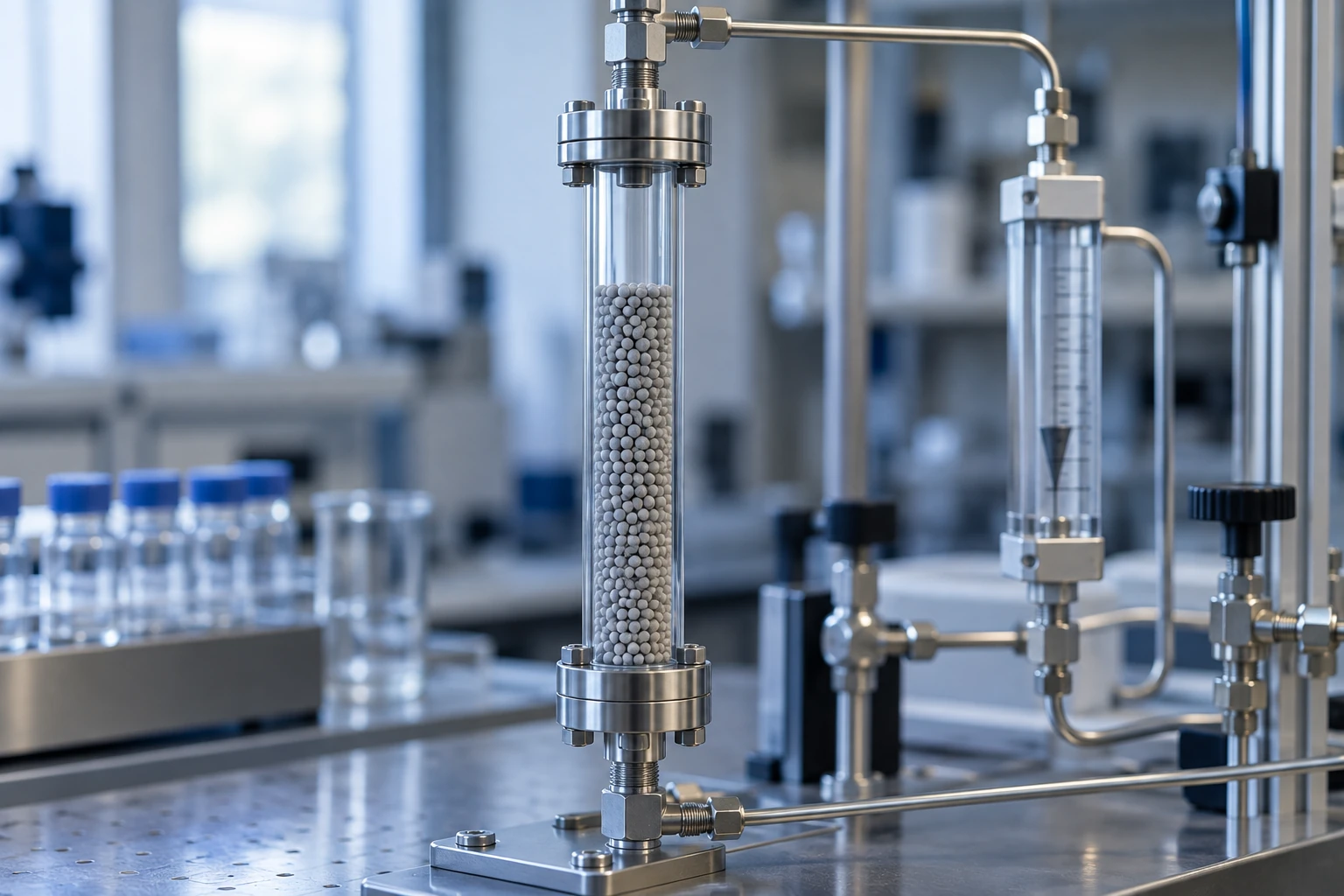 A laboratory tubular column contains a packed bed of small catalyst-like beads.