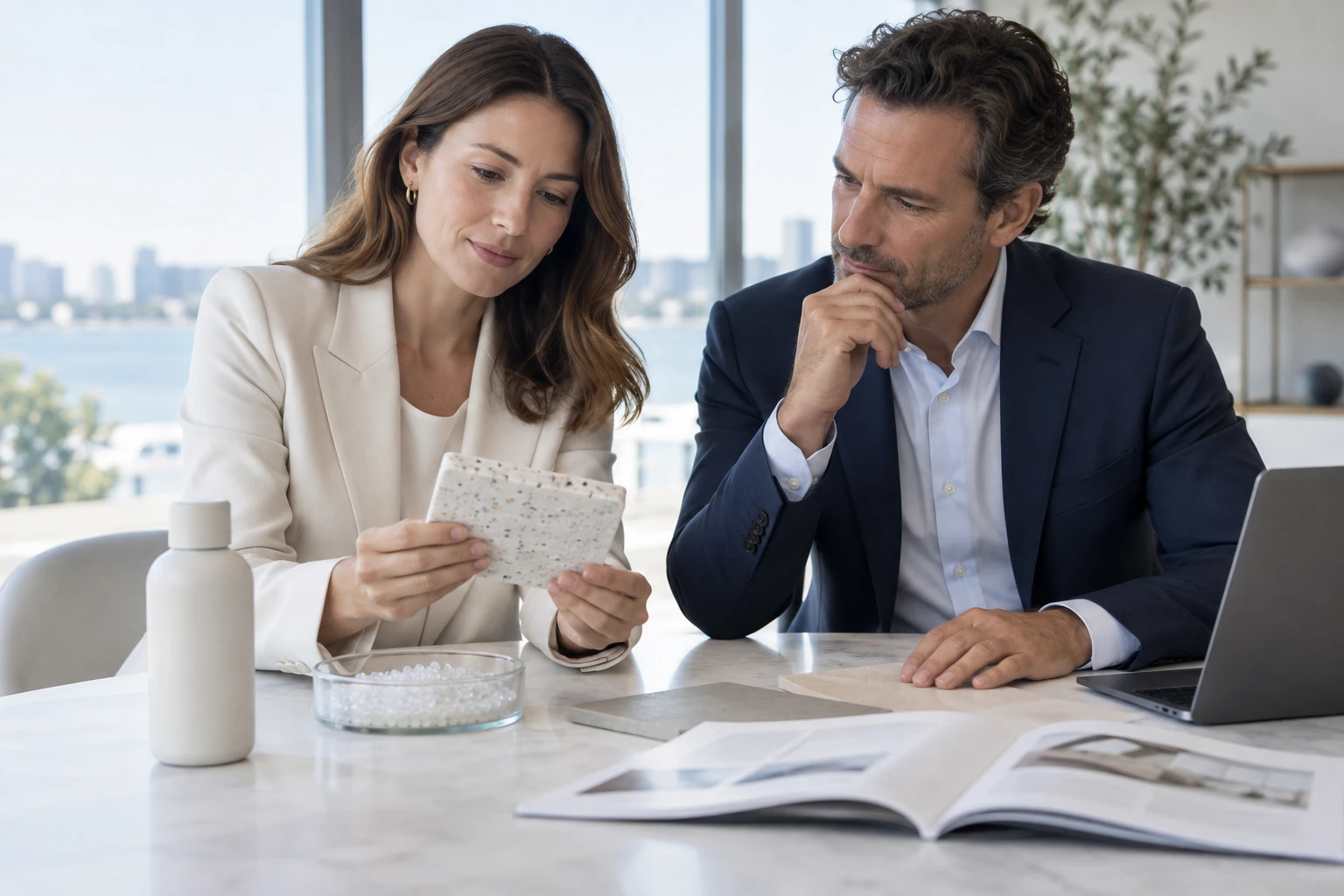 Business professionals compare material samples and product requirements.
