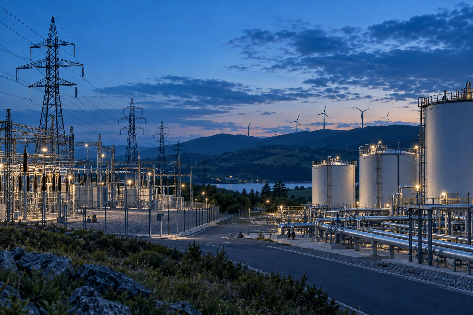 Electricity-grid connections and gas infrastructure illustrate two industrial energy routes.