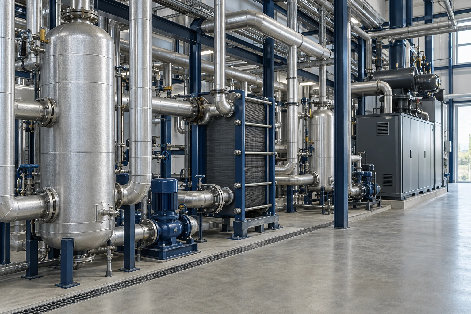 Heat-exchange equipment, insulated pipes and pumps in an industrial utility room.