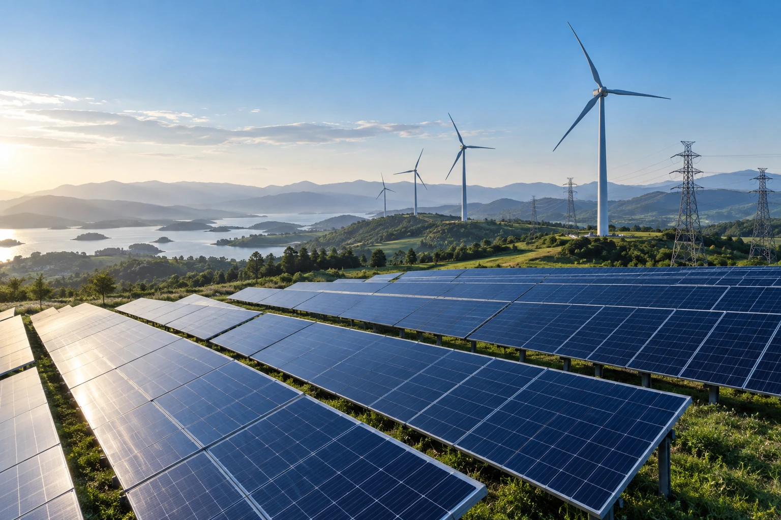 Solar panels, wind turbines and transmission infrastructure in a renewable-energy landscape.