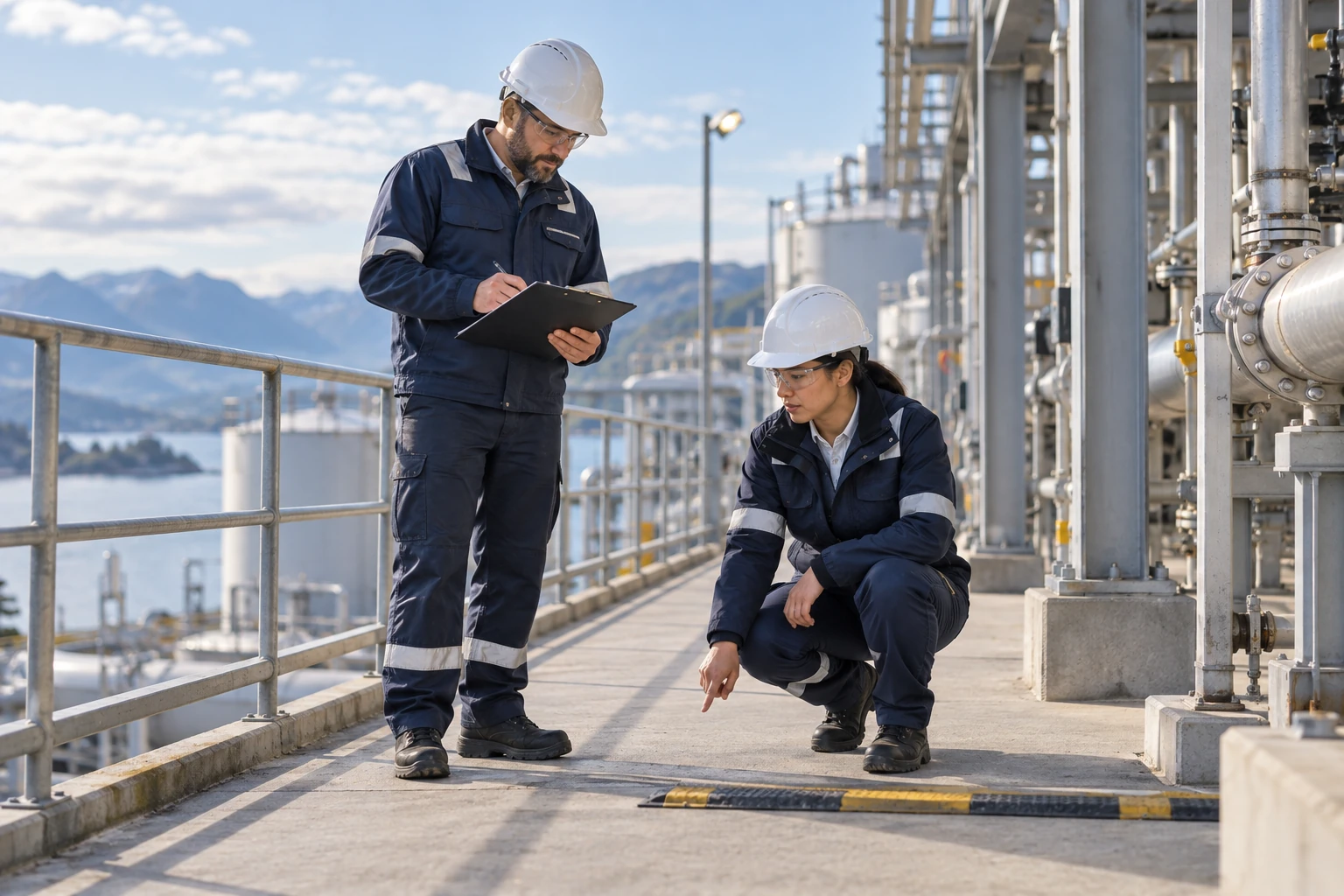 Two industrial professionals review a safety observation together with a clipboard.
