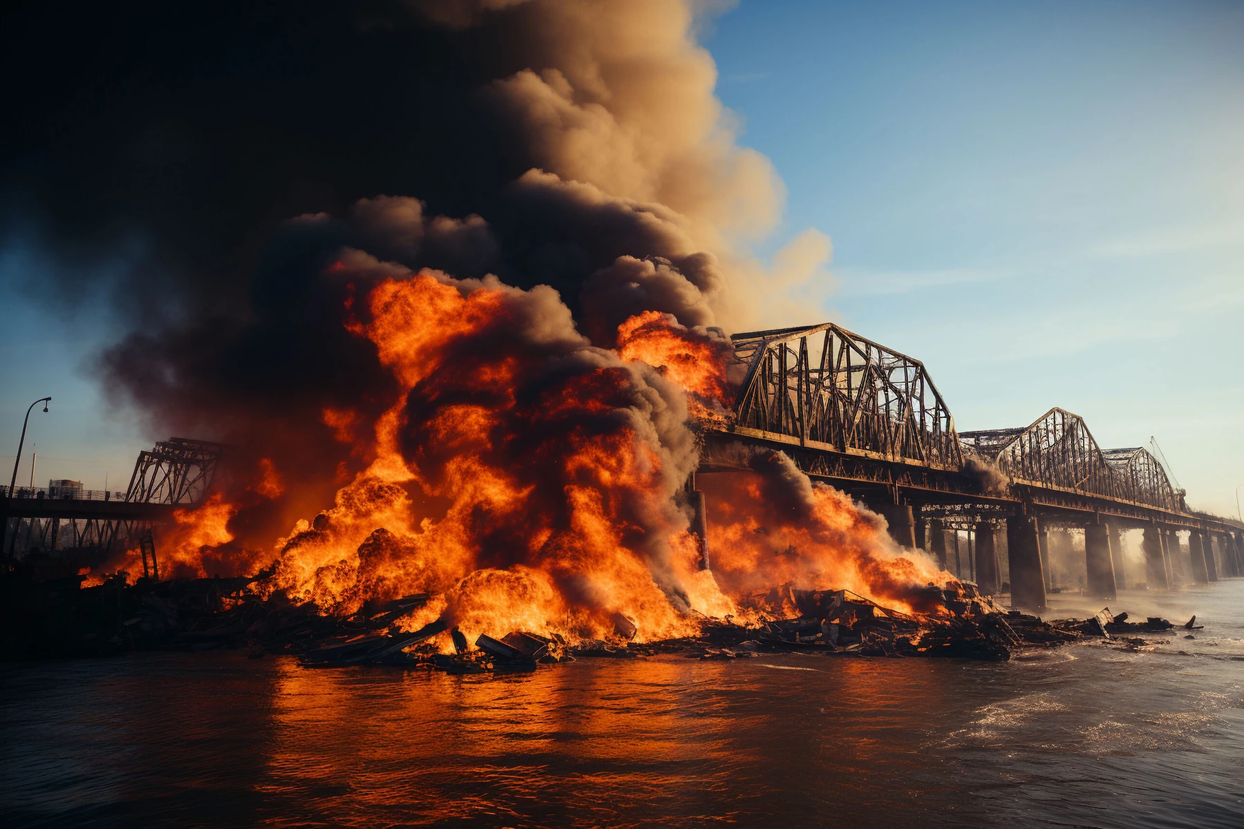 An illustrative industrial fire emphasizes the consequences of uncontrolled hazards.