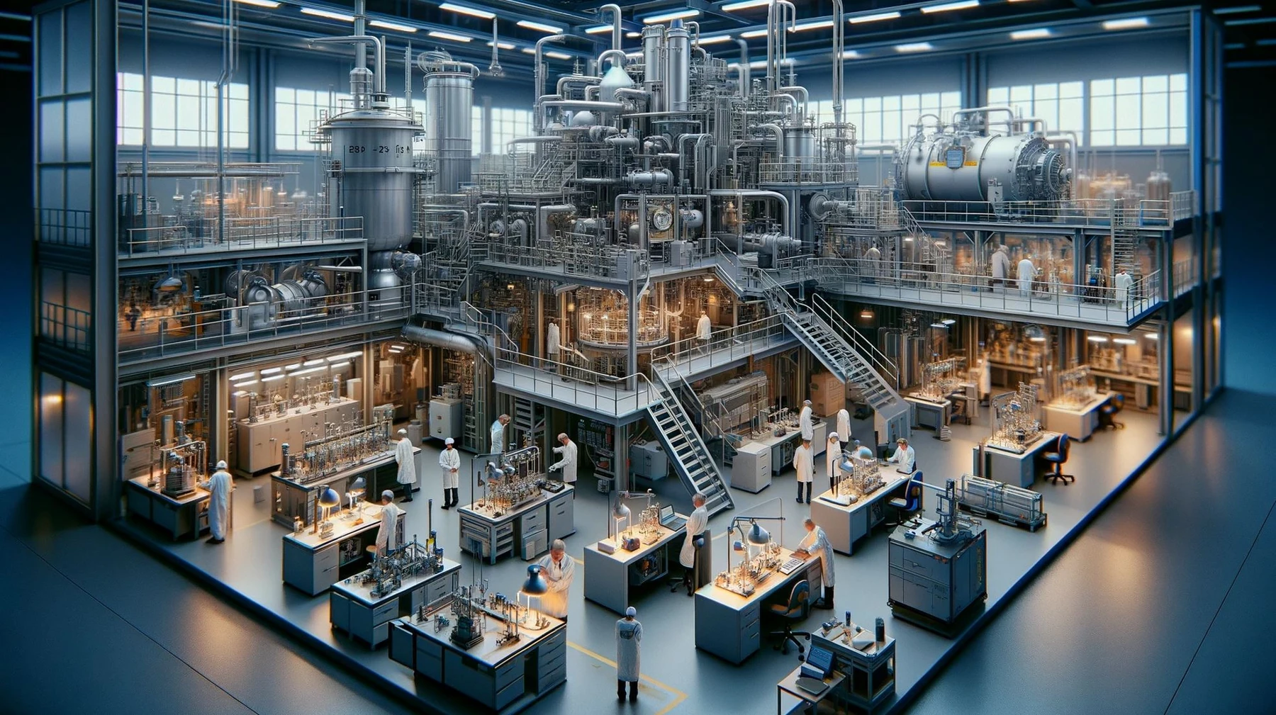 A conceptual process-development hall contains test units and larger equipment.