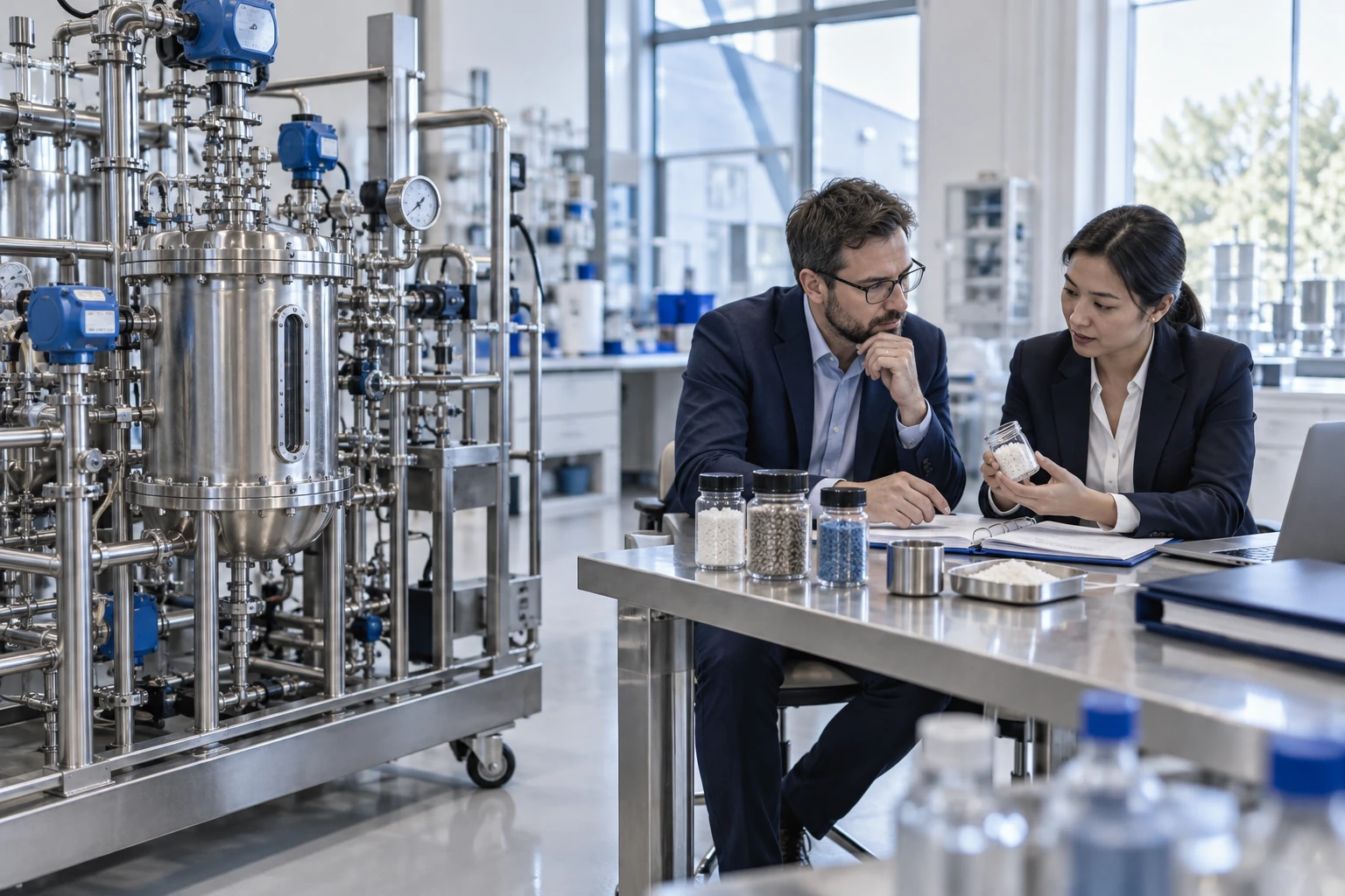 A pilot-process rig and a project discussion illustrate technology-development decisions.