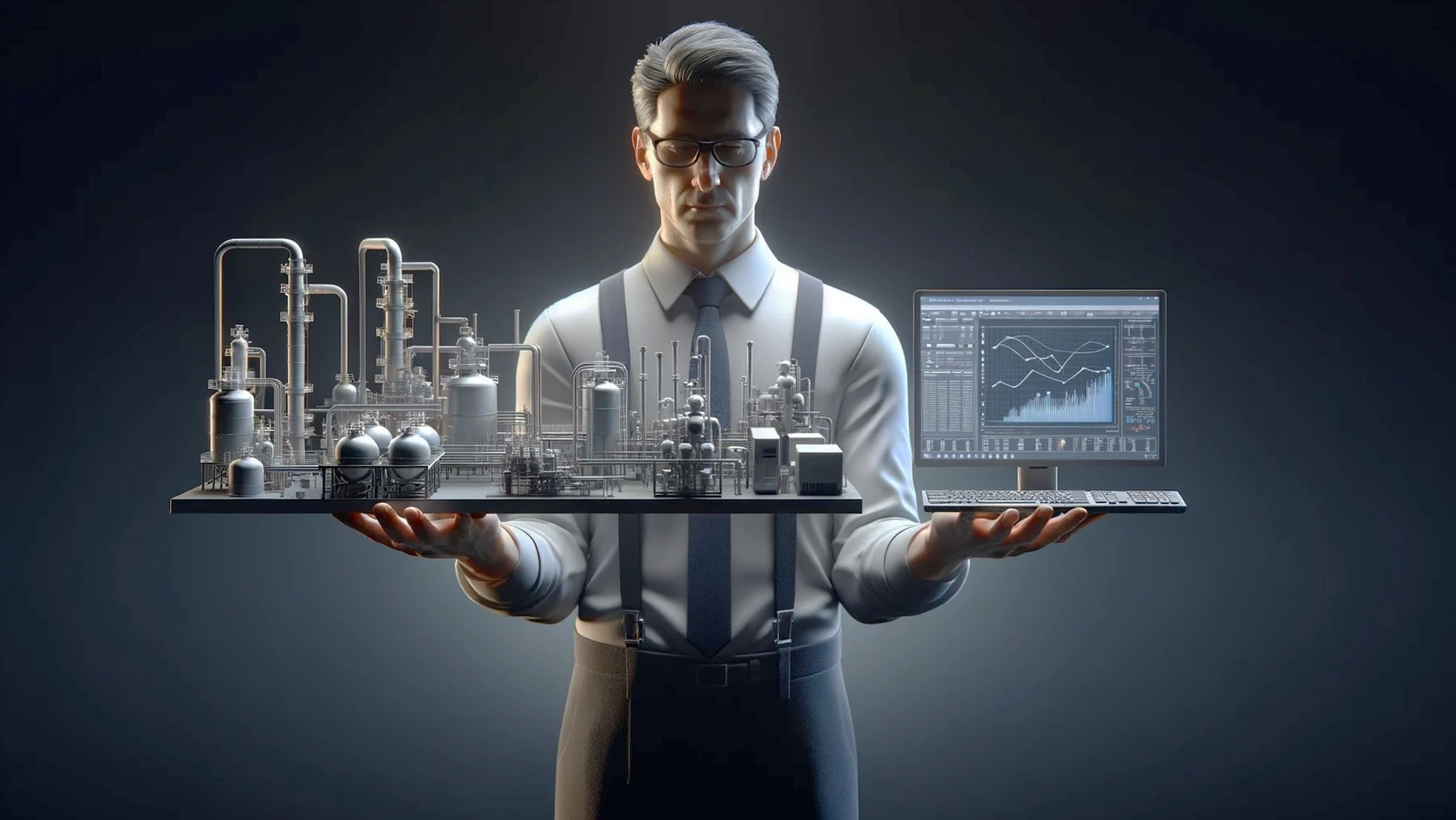 A conceptual engineer holds a process model and an analytical display.