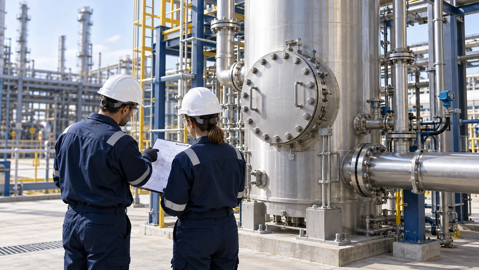 Engineers reviewing an industrial vessel and its drawings before a restart decision.