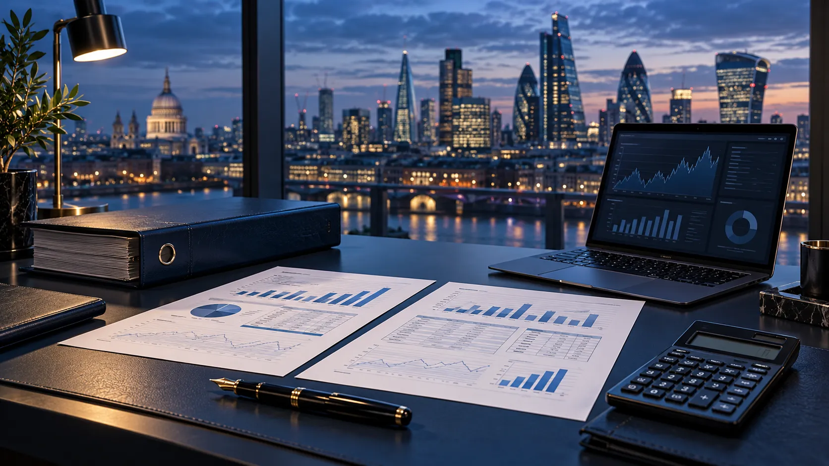 Financial documents, a credit agreement binder, calculator and laptop in an unoccupied office overlooking London