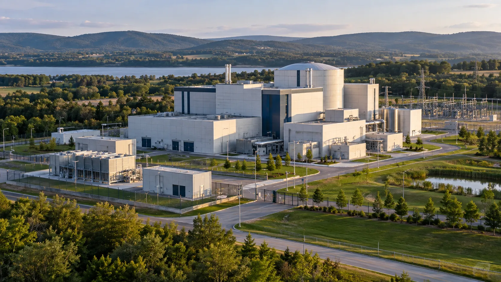 Conceptual representation of a small modular reactor facility with modern industrial buildings and surrounding greenery